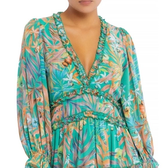 B. Dainty Dresses & Skirts - New B. Dainty Polyester Floral Green Cut Out Back Long Sleeve Babydoll Dress